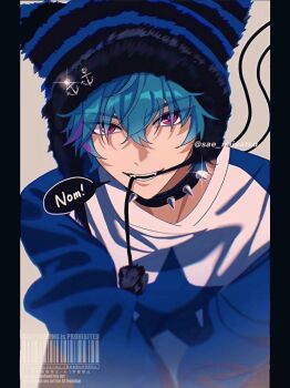 Rule 34 | 1boy, alternate costume, anchor hair ornament, black choker, blue hair, brant (wuthering waves), choker, commentary, grey background, hair ornament, hat, highres, long sleeves, looking at viewer, male focus, multicolored hair, pillarboxed, pink eyes, sae naiyatsu, shirt, short hair, smile, solo, speech bubble, spiked choker, spikes, star (symbol), streaked hair, symbol-only commentary, teeth, twitter username, two-tone shirt, upper body, watermark, wuthering waves, y2k fashion