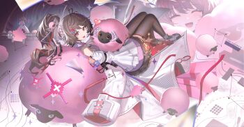 Rule 34 | 1girl, :d, absurdres, ahoge, animal, ankle bow, ankle ribbon, ardelia (arknights), arknights, arknights: endfield, bare shoulders, black thighhighs, blue streaks, bow, brown hair, closed eyes, creature, detached sleeves, dress, fingerless gloves, fur-trimmed dress, fur trim, gloves, gradient hair, grey shoes, hair ornament, hairclip, heart, high heels, highres, holding, holding animal, horns, hug, jeze, long hair, long sleeves, looking at viewer, multicolored hair, multiple views, open mouth, parallel hairclips, ponytail, purple dress, red eyes, red hair, red streaks, ribbon, sheep, sheep girl, sheep horns, shoes, smile, solo, thighhighs, white bow, white gloves, wide sleeves, zettai ryouiki