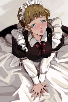 1girl absurdres alternate_costume apron beatrice_(umineko) black_dress blonde_hair blue_hair blush breasts dress enmaided frills highres large_breasts looking_at_viewer maid maid_apron maid_headdress puffy_sleeves red_ribbon ribbon short_hair smile solo umineko_no_naku_koro_ni uneasywolf white_apron
