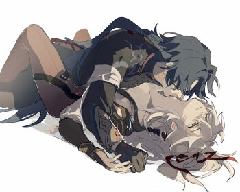 2boys black_hair blade_(honkai:_star_rail) chinese_clothes closed_eyes hair_between_eyes hair_ribbon holding_hands honkai:_star_rail honkai_(series) jing_yuan kiss kissing_neck long_hair lying lying_on_another male_focus mississipping multiple_boys on_back on_stomach parted_bangs ponytail red_ribbon ribbon simple_background tassel white_background white_hair yaoi