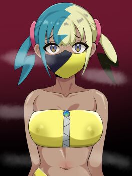 1girl absurdres bandeau blue_eyes canari_(pokemon) collarbone commentary covered_erect_nipples eyelashes gradient_background highres looking_at_viewer mask mouth_mask multicolored_hair namida_onimoku navel nintendo pokemon pokemon_legends:_z-a raised_inner_eyebrows solo steam twintails upper_body yellow_bandeau zipper zipper_pull_tab