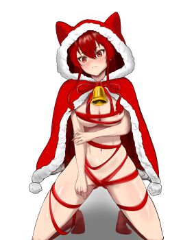 1girl absurdres animal_ear_hood areola_slip bell blush breasts christmas cloak commentary eris_greyrat fake_animal_ears frown full_body fur-trimmed_cloak fur_trim gluteal_fold groin hair_between_eyes highres hood hooded_cloak kneeling large_breasts long_hair looking_at_viewer mine._(mine_kkk) mushoku_tensei naked_cloak naked_ribbon navel neck_bell paid_reward_available red_cloak red_eyes red_hair red_ribbon red_socks ribbon simple_background socks solo v-shaped_eyebrows white_background wrapped_up