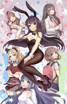 :o animal_ear_fluff animal_ears animal_hands azusagawa_kaede bag belt belt_buckle black_hair blue_belt blue_eyes blue_hair bow bowtie breasts brown_hair buckle cat cat_paws cat_tail coffee_mug collar collared_shirt crossed_arms cup dark_blue_hair dot_nose eyebrows eyelashes fake_animal_ears flat_chest futaba_rio glasses hair_bow hair_ornament hand_on_own_head hand_on_own_thigh hat headpat high_heels highres hood kamaniki koga_tomoe lab_coat leather_belt long_hair long_sleeves looking_at_viewer looking_away looking_back makinohara_shouko medium_breasts mini_hat mini_top_hat miniskirt mug open_mouth playboy_bunny ponytail purple_eyes rabbit_ears sakurajima_mai school_bag school_uniform seishun_buta_yarou shirt skirt small_breasts square star_(symbol) tail thighhighs thighs top_hat toyohama_nodoka very_long_hair watermark