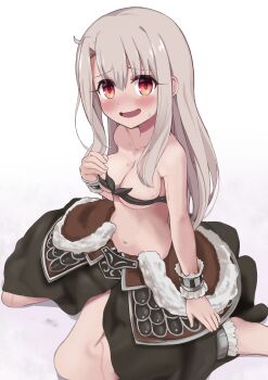 1girl absurdres bandeau bare_shoulders blush breasts cleavage cosplay fate/kaleid_liner_prisma_illya fate_(series) fur_trim heracles_(fate) heracles_(fate)_(cosplay) highres illyasviel_von_einzbern illyasviel_von_einzbern_(berserker_install) kebab_(blackdoll) long_hair looking_at_viewer navel open_mouth red_eyes sidelocks sitting small_breasts smile solo waist_cape white_hair wrist_cuffs
