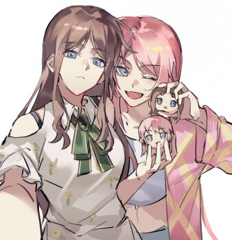 2girls bang_dream! bang_dream!_it&#039;s_mygo!!!!! blue_eyes bra_strap brown_hair character_doll chihaya_anon closed_mouth doll dress fangs grey_eyes highres jacket long_hair long_sleeves looking_at_viewer midriff multiple_girls nagasaki_soyo one_eye_closed open_clothes open_jacket pink_hair pink_jacket selfie shiba257 shirt short_sleeves simple_background white_background white_dress white_shirt