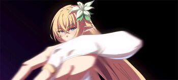 1girl animated animated_gif blonde_hair blue_eyes bouncing_breasts breasts dress elf flower game_cg large_breasts long_hair lost_sword:_tales_of_britania official_art pointy_ears smile solo staff tagme third-party_source vivien_(lost_sword) white_dress