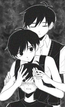 Rule 34 | 3boys, aged down, antenna hair, armpits, bare arms, bare shoulders, behind another, bright pupils, buttons, clenched teeth, closed mouth, collarbone, collared shirt, commentary, covering another's eyes, crying, crying with eyes open, double-parted bangs, empty eyes, film grain, fingernails, frown, grey background, greyscale, hair behind ear, hair between eyes, hand on another's arm, hand on another's hand, highres, looking at viewer, male focus, monochrome, multiple boys, multiple persona, no pupils, omori, omori (omori), outline, pants, parted lips, portrait, shirt, short hair, simple background, spoilers, standing, sunny (omori), sweater vest, tank top, tears, teeth, time paradox, upper body, very short hair, white outline, wide-eyed, yougotnacho