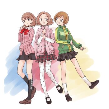 3girls bike_shorts_under_skirt black_shoes black_skirt black_socks bow bowtie brown_eyes brown_hair brown_shoes cardigan checkered_clothes checkered_skirt choker closed_mouth collared_shirt color_connection commentary_request earrings female_focus flipped_hair full_body gekkoukan_high_school_uniform green_jacket hair_color_connection highres in-franchise_crossover jacket jewelry kneehighs long_sleeves looking_at_another matching_hair/eyes miniskirt multiple_girls mysk918 okumura_haru open_mouth pantyhose persona persona_3 persona_4 persona_5 pink_cardigan pleated_skirt red_bow red_bowtie satonaka_chie school_uniform shirt shoes short_hair shuujin_academy_school_uniform skirt smile socks stud_earrings takeba_yukari track_jacket trait_connection white_choker white_pantyhose white_shirt white_socks yasogami_school_uniform zipper