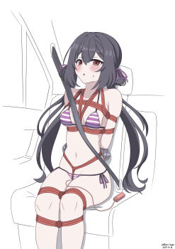 1girl :o arms_behind_back bdsm bikini black_hair blush bondage bound bound_arms bound_legs bound_torso breasts car_interior collarbone counter:side crotch_rope egg_vibrator female_focus forced_orgasm hair_ribbon highres horizontal-striped_bikini legs_tied_together lily_(counter:side) long_hair micro_bikini navel neko_huan remote_control_vibrator ribbon seatbelt sex_toy shibari side-tie_bikini_bottom sidelocks sitting small_breasts solo striped_bikini striped_clothes swimsuit taped_hands twintails variant_set vibrator vibrator_under_clothes
