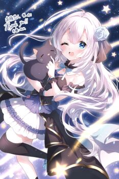 Rule 34 | 1girl, ahoge, animal, arm garter, asymmetrical legwear, black arm garter, black cat, black dress, black ribbon, black socks, black thighhighs, black wrist cuffs, blue bow, blue bowtie, blue dress, blue eyes, blue flower, blue rose, bow, bowtie, cat, collar, collarbone, commentary request, commission, crescent ornament, detached collar, dress, flower, frilled collar, frilled skirt, frilled thighhighs, frills, grey hair, hair flower, hair ornament, hair ribbon, highres, holding, holding animal, holding cat, indie virtual youtuber, kise inaka, mismatched legwear, multicolored dress, nekozuki mio, one eye closed, open mouth, pleated skirt, ribbon, rose, single sock, single thighhigh, skeb commission, skirt, socks, solo, space, star (sky), strapless, strapless dress, thank you, thighhighs, uneven legwear, virtual youtuber, white collar, white skirt, wrist cuffs
