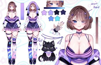Rule 34 | 1girl, :3, animal, armpit crease, arrow (symbol), asymmetrical legwear, bare shoulders, belt, black cat, black choker, blue eyes, blue socks, blush, boots, breasts, brown hair, cat, choker, cleavage, closed mouth, commentary, english commentary, gradient socks, hair ornament, hair over one eye, hairclip, heart, highres, indie virtual youtuber, jacket, jacket partially removed, jewelry, large breasts, looking at viewer, mismatched legwear, mismatched socks, mole, mole on breast, multicolored socks, multiple views, necklace, ohideko, parallel hairclips, pink socks, platform boots, purple boots, purple jacket, purple thighhighs, reference sheet, second-party source, short hair, smile, smizzles (vtuber), socks, star-shaped pupils, star (symbol), star hair ornament, striped clothes, striped socks, striped thighhighs, swept bangs, symbol-shaped pupils, thigh belt, thigh strap, thighhighs, tongue, tongue out, virtual youtuber, white background, x hair ornament