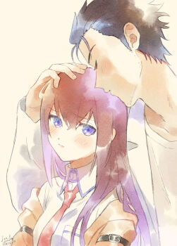 1boy 1girl black_hair blush brown_hair closed_eyes collared_shirt commentary_request couple facial_hair hand_on_another&#039;s_head hetero jacket lab_coat long_hair makise_kurisu necktie okabe_rintarou open_clothes open_jacket pout purple_eyes red_necktie revision rocni science_adventure shirt steins;gate stubble upper_body