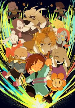 android animal_ears anniversary asgore_dreemurr asriel_dreemurr asriel_dreemurr_(god_of_hyperdeath) bandana bandana_around_neck beard black_eyes black_sclera black_shirt black_shoes black_shorts black_tank_top blonde_hair blue_jacket blue_romper chara_(undertale) closed_eyes closed_mouth colored_sclera commentary crown double_horizontal_stripe facial_hair fish_girl flower flowey_(undertale) frisk_(undertale) furry furry_female furry_male glasses goat_boy goat_ears goat_girl goat_horns green_sweater grin hashtag-only_commentary heart heart_necklace highres holding holding_instrument holding_stick holding_trombone horns instrument jacket jewelry long_hair long_sleeves mettaton mettaton_ex necklace open_mouth papyrus_(undertale) pink_slippers ponytail red_bandana red_hair reptile_girl romper sans_(undertale) sharp_teeth shiki_ii shirt shoes short_hair shorts single_horizontal_stripe slippers smile socks stick striped_romper sweater tank_top teeth toriel trombone undertale undyne utdr_(toby_fox) v-shaped_eyebrows white_eyes white_socks yellow_flower yellow_sclera
