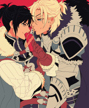 2boys alisha_(heirror) annoyed aqua_cape arm_up armor black_fur black_hair blue_cape blush breastplate brown_gloves cape closed_mouth commentary couple covering_own_mouth dimitri_alexandre_blaiddyd dimitri_alexandre_blaiddyd_(king_of_faerghus) dimitri_alexandre_blaiddyd_(timeskip) english_commentary felix_hugo_fraldarius felix_hugo_fraldarius_(timeskip) fire_emblem fire_emblem:_three_houses fur-trimmed_cape fur-trimmed_gloves fur-trimmed_hood fur_trim gauntlets gift gloves hair_behind_ear holding holding_gift hood hooded_cape long_sleeves male_focus multiple_boys narrowed_eyes nintendo orange_eyes pauldrons ponytail pout profile red_background ribbon shirt short_ponytail shoulder_armor simple_background small_sweatdrop smile sweat upper_body v-shaped_eyebrows white_armor white_fur white_shirt yaoi yellow_ribbon