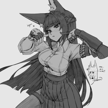1girl animal_ear_fluff animal_ears black_gloves black_hair black_skirt blunt_bangs blush breasts closed_mouth commentary cowboy_shot english_commentary english_text finger_to_cheek fingerless_gloves fox_ears fox_girl gauntlets gloves grey_background greyscale hands_up heart high-waist_skirt highres hoshimi_miyabi jeffraeson large_breasts long_hair monochrome no_jacket no_necktie pantyhose shirt shirt_tucked_in single_fingerless_glove single_gauntlet skirt sleeves_rolled_up solo sound_effects white_shirt zenless_zone_zero