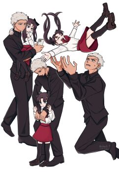 1boy 1girl absurdres archer_(casual_wear)_(fate) archer_(fate) black_hair black_shirt black_thighhighs blue_eyes brown_shoes carrying carrying_person catching cellphone closed_eyes commentary_request dark-skinned_male dark_skin dated falling fate/stay_night fate/zero fate_(series) grey_eyes grey_hair highres holding holding_phone long_hair miniskirt ohmoto_9 open_mouth phone red_skirt shirt shoes skirt smartphone smile sweatdrop thighhighs time_paradox tohsaka_rin tohsaka_rin_(fate/zero) twintails twitter_username watermark white_shirt zettai_ryouiki