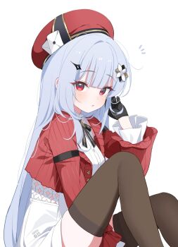 1girl black_gloves black_thighhighs blue_hair blunt_bangs deyui freesia_(stella_sora) freesia_(the_gift_of_falling_snow)_(stella_sora) gloves hair_ornament hand_up hat highres knees_up long_hair long_sleeves looking_at_viewer official_alternate_costume parted_lips red_eyes red_hat simple_background sitting solo stella_sora thighhighs very_long_hair white_background