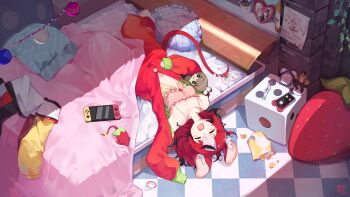 1girl absurdres animal_ears babydoll bag_of_chips barefoot bedroom black_hair bow breasts cellphone cleavage colored_tips commentary controller english_commentary feet front_slit game_controller hakos_baelz hakos_baelz_(strawberry_onesie) highres holding holding_unworn_clothes hololive hololive_english indoors lying majima_goro medium_hair mori_calliope mouse_ears mouse_girl mouse_tail mr._squeaks_(hakos_baelz) multicolored_hair namiorii nanashi_mumei navel official_alternate_costume on_back on_bed onesie open_mouth phone pink_babydoll red_hair round_eyewear ryuu_ga_gotoku_(series) single_sleeve_past_fingers single_sleeve_past_wrist small_breasts smartphone solo streaked_hair tail tail_bow tail_ornament teardrop-framed_glasses toes unworn_eyewear virtual_youtuber white_hair