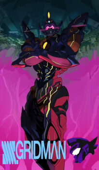 building chest_jewel cityscape copyright_name crossed_arms glowing gridknight_(ssss.gridman) gridman_universe highres magett mecha purple_sky robot sky solo ssss.gridman upside-down visor