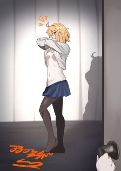 1girl 1other absurdres ahoge arcueid_brunestud barefoot blonde_hair blush breasts caught clothes_lift commentary_request from_side ggifz6618 hair_intakes highres jewelry looking_at_viewer midriff miniskirt necklace opening_door pantyhose pov red_eyes short_hair skirt standing surprised sweater sweater_lift tsukihime tsukihime_(remake) underboob undressing white_sweater