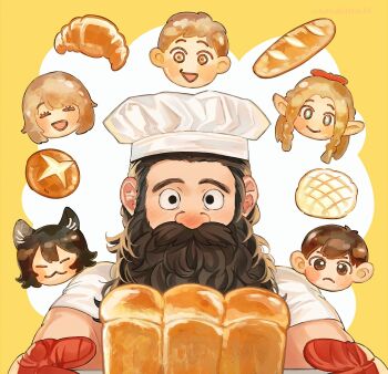 3boys 3girls :3 beard black_hair blonde_hair blush border braid bread brown_eyes brown_hair cat_girl chef_hat chilchuck_tims closed_eyes dungeon_meshi dwarf elf facial_hair falin_touden food gloves green_eyes halfling hat highres izutsumi laios_touden long_hair marcille_donato multiple_boys multiple_girls pointy_ears red_gloves sasakura34 senshi_(dungeon_meshi) shirt short_hair sidelocks twin_braids twitter_username upper_body white_shirt yellow_border