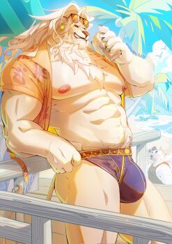 1boy abs animal_ears artist_name bara beach black_male_swimwear black_sclera blue_sky bulge chinese_commentary claws cloud coconut_tree colored_sclera commentary_request dated dislyte earrings eyewear_on_head furry furry_male grin highres javid_(shamash)_(dislyte) jewelry lion_boy lion_ears lion_mane lion_tail male_focus male_swimwear muscular muscular_male navel nipples open_clothes open_shirt orange_shirt palm_tree pectorals red_eyes shirt single_earring sky smile sunglasses tail tree tuji_han