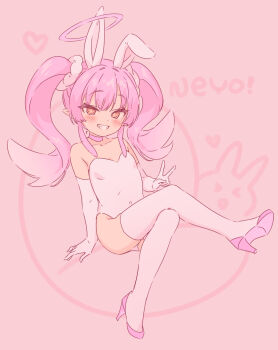 1girl animal_ears blush breasts brown_background brown_eyes commentary covered_navel crossed_legs elbow_gloves full_body gloves grin halo high_heels highres jigatei_(omijin) leotard long_hair looking_at_viewer original pink_hair pink_shoes rabbit_ears romaji_text shoe_soles shoes simple_background sitting small_breasts smile solo strapless strapless_leotard symbol-only_commentary thighhighs twintails v white_gloves white_leotard white_thighhighs