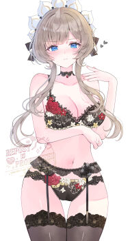 1girl absurdres black_bra black_panties black_thighhighs blue_eyes blush bra breasts choker commentary_request genshin_impact grey_hair highres lace lace-trimmed_panties lace-trimmed_thighhighs lace_bra lace_choker lace_trim large_breasts lingerie looking_at_viewer maid_headdress panties sandrone_(genshin_impact) short_hair_with_long_locks simple_background solo standing thighhighs tsuyuri_eri underwear underwear_only white_background