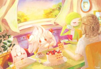 alcremie alcremie_(strawberry_sweet) artist_name bob_cut brown_hair cake cake_slice chair cleffa closed_eyes colored_skin cup curtains food fruit gardevoir gen_2_pokemon gen_3_pokemon gen_8_pokemon green_hair green_skin highres holding holding_cup holding_plate kirlia milcery multicolored_skin nintendo on_chair pink_eyes pink_skin piyokonoenikki_04 plant plate pokemon pokemon_(creature) potted_plant signature sitting strawberry table teacup two-tone_skin white_skin window