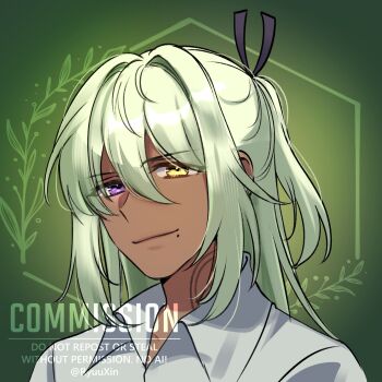 1boy closed_mouth collared_shirt commentary commission dark-skinned_male dark_skin double-parted_bangs english_commentary green_background green_hair hair_between_eyes hair_intakes heterochromia highres looking_at_viewer male_focus medium_hair mole mole_under_eye original portrait purple_eyes ryuuxin shirt smile solo watermark white_shirt yellow_eyes