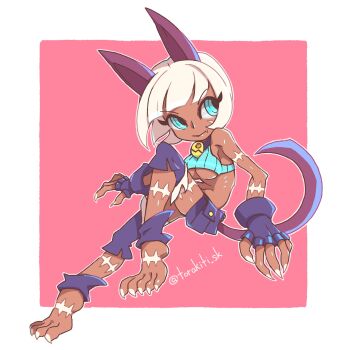 1girl barefoot belt_buckle belt_pouch blue_eyes bob_cut border breasts buckle collar crop_top dark-skinned_female dark_skin detached_leggings fang fingerless_gloves fingernails gloves large_breasts long_fingernails looking_to_the_side ms._fortune_(skullgirls) neck_bell pink_background pouch scar skullgirls smile solo sports_bikini torakiti_sk underboob white_border white_hair