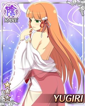 1girl border breasts card_(medium) chihaya_(clothing) english_text from_behind frown game_cg green_eyes hakama hakama_skirt hime_cut japanese_clothes kimono large_breasts looking_at_viewer looking_to_the_side miko non-web_source official_alternate_costume official_art open_mouth orange_hair red_hakama ribbon-trimmed_sleeves ribbon_trim senran_kagura senran_kagura_new_wave skirt solo undressing white_kimono wide_sleeves yugiri_(senran_kagura)
