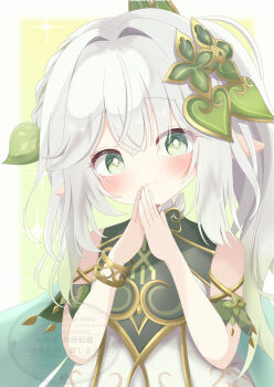 Rule 34 | 1girl, absurdres, bare shoulders, blush, bracelet, closed mouth, commentary request, cross-shaped pupils, detached sleeves, genshin impact, gold trim, gradient hair, green eyes, green hair, green sleeves, hair between eyes, hair ornament, hand to own mouth, hands up, highres, jewelry, kawasumi uo, leaf hair ornament, looking at viewer, multicolored hair, nahida (genshin impact), pointy ears, side ponytail, sleeveless, smile, solo, symbol-shaped pupils, upper body, white hair