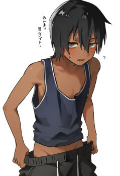 1boy absurdres black_hair black_pants blush brown_eyes clothes_pull commentary_request cowboy_shot dark-skinned_male dark_skin drawstring grey_tank_top groin hair_between_eyes highres looking_at_viewer m1_tsuru male_focus original pants pants_pull parted_lips shirase_aoi_(m1_tsuru) short_hair simple_background solo standing tank_top translation_request white_background