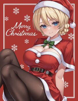 1girl aadka5 belt black_belt black_pantyhose blonde_hair blue_eyes blush bow bowtie braid breasts christmas cleavage darjeeling_(girls_und_panzer) dress girls_und_panzer green_bow green_bowtie hat highres large_breasts looking_at_viewer merry_christmas pantyhose red_background red_dress santa_costume santa_hat short_hair sitting smile snowflakes solo