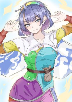1girl :q bag blue_eyes blue_hair blunt_bangs cape cloud_print colored_inner_hair commentary_request hairband highres index_finger_raised kakineko long_sleeves looking_at_viewer multicolored_hair multicolored_hairband patchwork_clothes short_hair solo starry_sky_print tenkyuu_chimata tongue tongue_out touhou white_cape