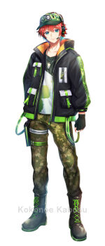 1boy aqua_eyes aqua_hair artist_name baseball_cap blue_hair camouflage camouflage_pants closed_mouth collarbone commentary_request dog_tags eyelashes full-length_zipper full_body hat highres hood hood_down jacket jewelry kabosu_(anna_neji) male_focus multicolored_hair necklace official_art original pants red_hair short_hair simple_background solo standing tachi-e two-tone_hair white_background zipper