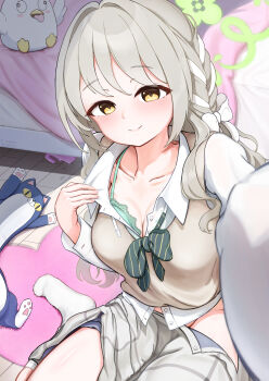 1girl absurdres blue_archive blue_bow blush bow bowtie bra braid closed_mouth collarbone collared_shirt commentary_request daraqueue dress_shirt green_bow green_bowtie green_bra green_halo grey_hair grey_skirt hair_between_eyes hair_bow hair_intakes hair_ribbon halo highres indoors long_hair long_sleeves looking_at_viewer medium_skirt miyo_(blue_archive) partially_undressed plaid_clothes plaid_skirt pleated_skirt ribbon ribbon_braid school_uniform selfie shirt sitting skirt socks solo underwear very_long_hair wariza wavy_hair white_bow white_ribbon white_shirt white_socks yellow_eyes