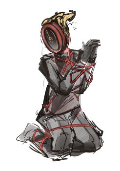 1other ambiguous_gender bdsm black_gloves black_pants black_shirt bondage bound bound_ankles bound_legs bound_thighs bound_wrists chinese_commentary clock commentary_request dante_(limbus_company) dress_pants fire fly996438228245 full_body gloves hands_up highres kneeling limbus_company long_sleeves object_head other_focus own_hands_together pants project_moon red_rope rope shibari shirt simple_background sketch solo turning_head white_background