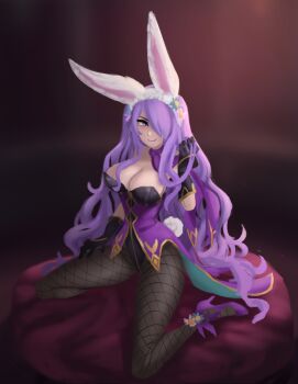1boy 1girl breasts camilla_(fire_emblem) camilla_(spring_princess)_(fire_emblem) cleavage fire_emblem fire_emblem_fates fire_emblem_heroes flower fraudulenttaco gloves hair_over_one_eye high_heels kneeling large_breasts long_hair nintendo one_eye_covered pantyhose playboy_bunny purple_eyes purple_hair rabbit_ears rabbit_tail solo wavy_hair