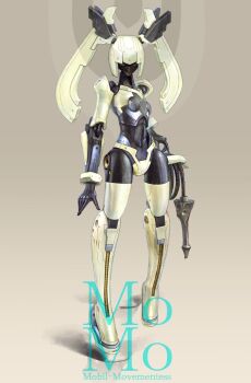 absurdres blunt_bangs bow breasts english_text full_body hair_bow high_heels highres humanoid_robot logo mecha_musume momo_(optune) nakakita_kouji no_humans no_mouth optune original robot robot_girl science_fiction second-party_source simple_background small_breasts standing thighhighs twintails whip white_hair wrist_cuffs