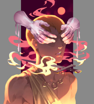 1boy bare_shoulders commentary covering_another&#039;s_eyes disembodied_hand english_commentary jewelry lydialing_draws male_focus necklace orange_hair original parted_lips short_hair solo stab sword upper_body very_short_hair weapon