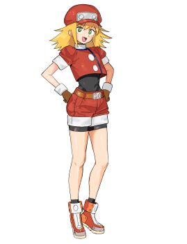 1girl :d absurdres ankle_socks arched_back belt belt_buckle black_bodysuit black_socks blonde_hair blue_trim bodysuit bodysuit_under_clothes brown_gloves buckle commentary crop_top crop_top_overhang cropped_jacket curled_fingers dot_nose english_commentary eyebrows_hidden_by_hair gloves green_eyes hair_between_eyes hands_on_own_hips hat head_tilt high_tops highres hip_bones invisible_floor jacket knees knees_apart_feet_together long_eyelashes long_hair long_sidelocks matheus_felipe mega_man_(series) mega_man_legends_(series) midriff multicolored_shoes navel newsboy_cap no_pupils open_mouth orange_belt orange_shoes puffy_short_sleeves puffy_sleeves raised_eyebrows red_hat red_jacket red_shoes red_shorts roll_caskett_(mega_man) shoes short_sleeves shorts shorts_rolled_up sidelocks simple_background skin_tight smile sneakers socks solo spiked_hair standing swept_bangs tareme thick_eyelashes thighs turtleneck white_background white_shoes white_trim wide-eyed