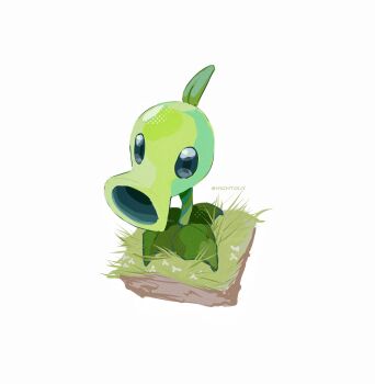 Rule 34 | artist name, black eyes, chinese commentary, commentary request, film grain, flower, from above, grass block, halftone, highres, hightguy, leaf, looking at viewer, no humans, on grass, peashooter (plants vs. zombies), plant, plant focus, plants vs. zombies, simple background, solid oval eyes, solo, white background, white flower