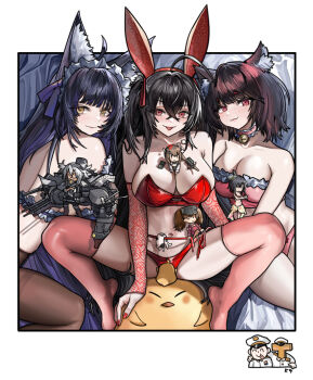 Rule 34 | 2boys, 6+girls, admiral (kancolle), ahoge, animal ear fluff, animal ears, armpit crease, azur lane, bandeau, bell, between breasts, black hair, black pantyhose, blunt bangs, bra, breasts, brown hair, cat, cat ears, chibi, cleavage, closed mouth, collar, collarbone, commander (azur lane), crossed bangs, crossover, detached sleeves, doodle sensei (blue archive), fake animal ears, fox ears, frilled collar, frilled hairband, frilled tube top, frills, hair between eyes, hairband, kantai collection, kuroinu9, lace, lace sleeves, large breasts, long hair, looking at viewer, manjuu (azur lane), multiple boys, multiple girls, musashi (azur lane), musashi (kancolle), name connection, navel, neck bell, outside border, panties, pantyhose, pink panties, pink tube top, rabbit ears, red bra, red eyes, red lips, red nails, red panties, red sleeves, red thighhighs, ryuujou (kancolle), sensei (blue archive), separated legs, short hair, side-tie panties, sidelocks, size difference, strapless, strapless bra, t-head admiral, taihou (azur lane), taihou (kancolle), thighhighs, tongue, tongue out, topless female, tube top, underwear, yamashiro (azur lane), yamashiro (kancolle), yellow eyes