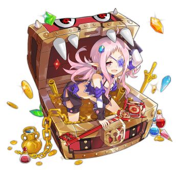 1girl :d ahoge ark_order artist_request black_shorts bra chain coin detached_sleeves facial_mark fang faux_figurine full_body gem gold gold_coin holding holding_key horns key long_hair long_sleeves looking_at_viewer mimic mimic_(ark_order) mimic_chest official_art open_mouth pink_eyes pink_hair potion purple_bra purple_horns purple_shirt shirt short_bangs shorts sidelocks smile solo transparent_background treasure treasure_chest twintails underwear variant_set vase