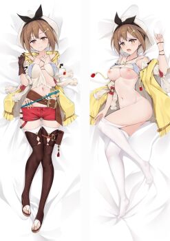 1girl :d asymmetrical_gloves atelier_(series) atelier_ryza atelier_ryza_1 bed_sheet black_bow bottomless bow breasts brown_eyes brown_gloves brown_hair camisole camisole_lift cleavage closed_mouth clothes_lift dakimakura_(medium) full_body gloves hair_bow hair_ornament hairclip hat jacket jewelry looking_at_viewer lying medium_breasts midriff moeanime multiple_views necklace nipples on_back open_clothes open_jacket open_mouth pillow red_shorts reisalin_stout shirt short_hair short_shorts shorts sidelocks single_glove sleeveless sleeveless_shirt smile spaghetti_strap star_(symbol) star_necklace stomach thigh_gap thighhighs white_hat white_shirt white_thighhighs yellow_jacket