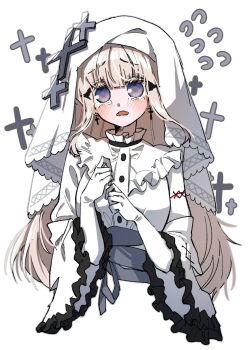 Rule 34 | 1girl, blonde hair, blunt bangs, breasts, commentary, cross, cross earrings, crying, crying with eyes open, earrings, flying sweatdrops, frilled sleeves, frills, gloves, hands up, highres, hikami meruru, jewelry, kimburgertwo, long hair, long sleeves, looking at viewer, mahou shoujo no majo saiban, open mouth, priestess, purple eyes, solo, symbol-only commentary, tears, upper body, veil, white background, white gloves, white veil, wide sleeves