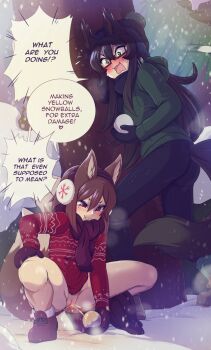 2girls akimi_(neoraider) ears_up embarrassed exhibitionism furry jacket long_hair merunyaa multiple_girls non-web_source pee peeing public_indecency pussy red_eyes shinobu_(neoraider) shoes snow squatting surprised tail talking