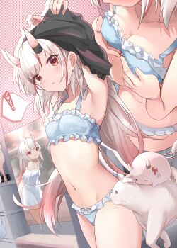 ! 1girl absurdres armpits arms_up blue_bra blue_panties bra breast_press breasts cat cleavage collarbone dress frilled_bra frilled_panties frilled_underwear frills gradient_hair grin hands_on_own_breasts highres hololive horns long_hair midriff mujinbensin multicolored_hair multiple_views nakiri_ayame navel oni oni_girl oni_horn panties poster_(object) poyoyo_(nakiri_ayame) red_eyes red_hair sidelocks small_breasts smile spoken_exclamation_mark streaked_hair tagme two-tone_hair underwear underwear_only undressing virtual_youtuber white_cat white_dress white_hair zir_(nakiri_ayame)